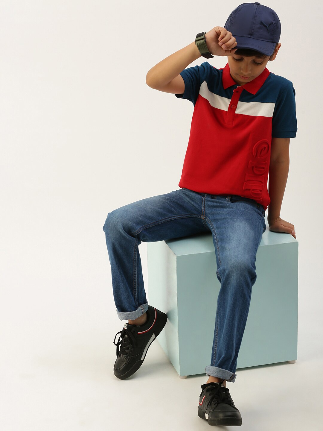 

PIPIN Boys Boys Colourblocked Polo Collar Cotton T-shirt, Red