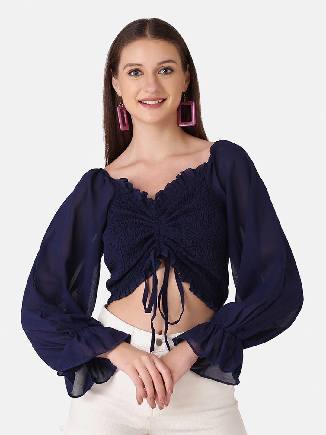 

BUY NEW TREND Smocked Tie-Up Ruched Crop Top, Navy blue