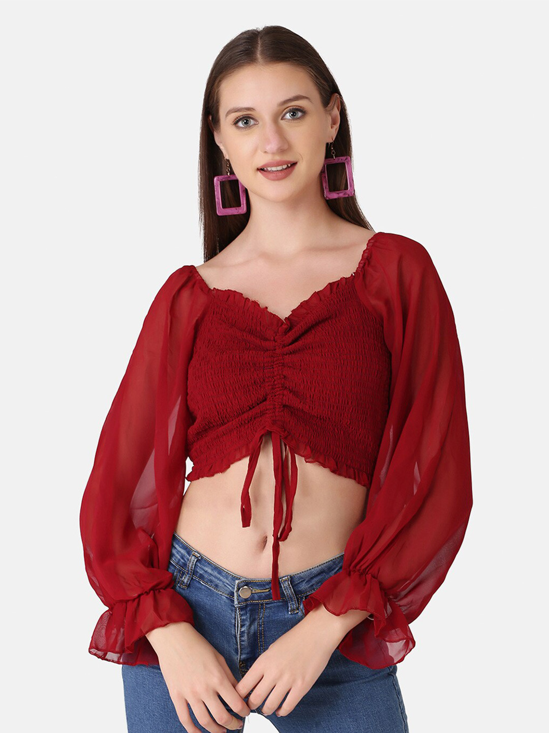 

BUY NEW TREND Smocked Tie-Ups Georgette Crop Top, Maroon