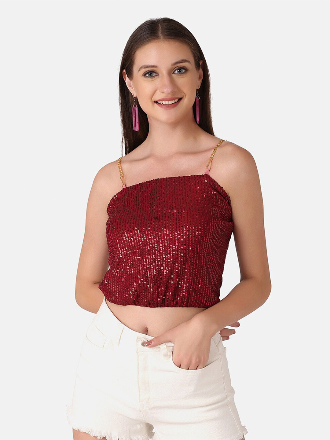 

BUY NEW TREND Embellished Sequined Crop Tank Top, Maroon