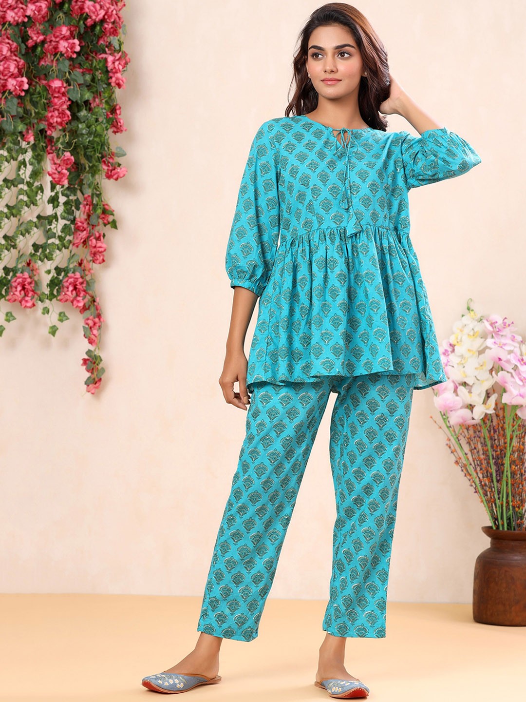 

mirari Women Ethnic Motifs Printed Pure Cotton Co-ords Set, Turquoise blue