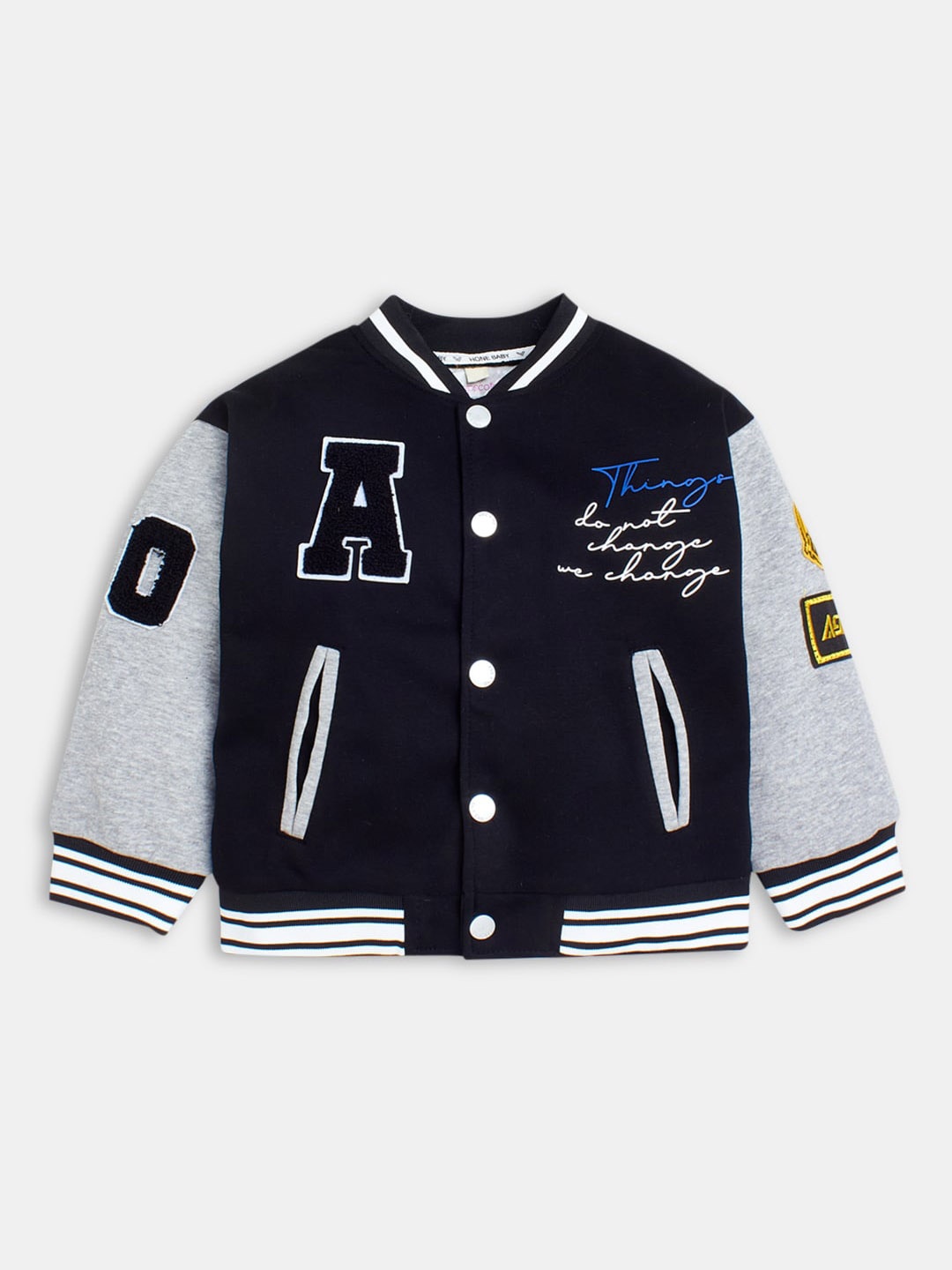 

Hopscotch Boys Printed Long Sleeves Varsity Jacket, Navy blue