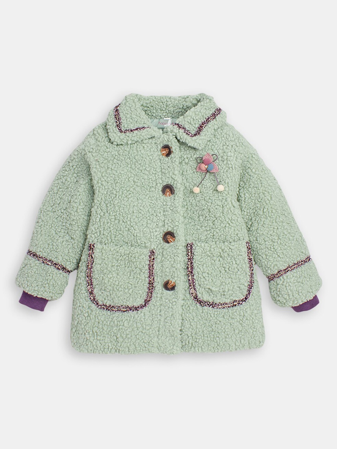 

Hopscotch Girls Spread Collar Self Design Overcoat, Green