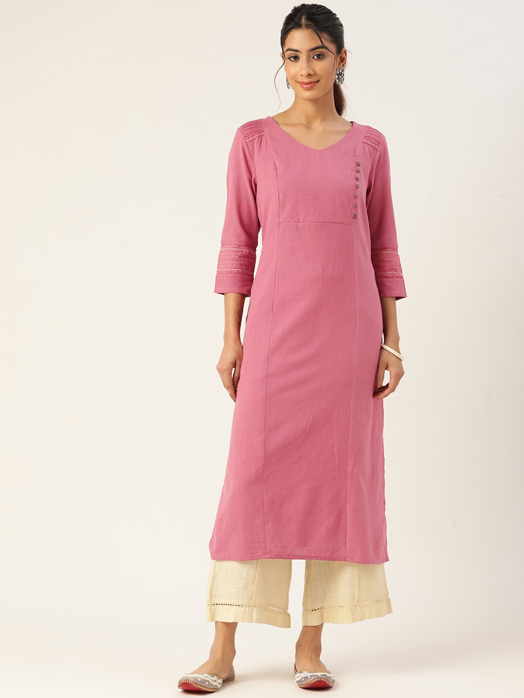 

ZIZO By Namrata Bajaj Women Pastel Cotton Linen Angrakha Kurta, Pink