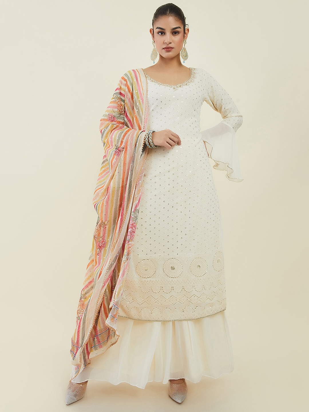 

Soch Women Ethnic Motifs Embroidered Sequined Georgette Kurta with Palazzos & Dupatta, Off white