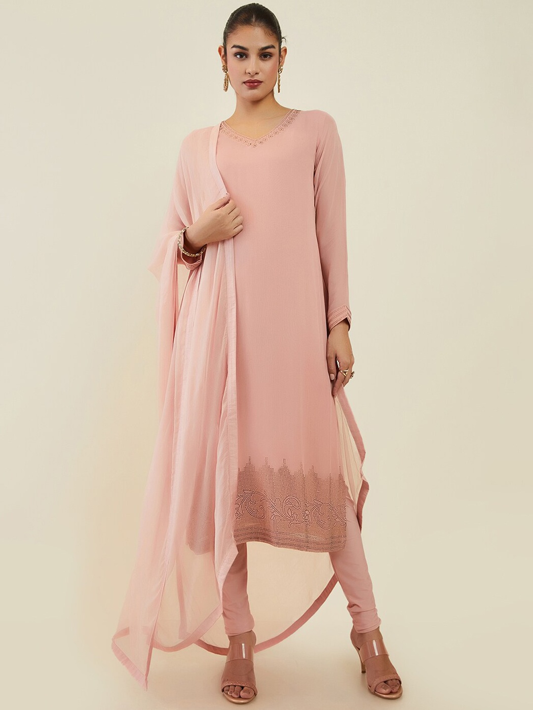 

Soch Women Ethnic Motifs Embroidered Beads And stones Kurta with Churidar & Dupatta, Peach