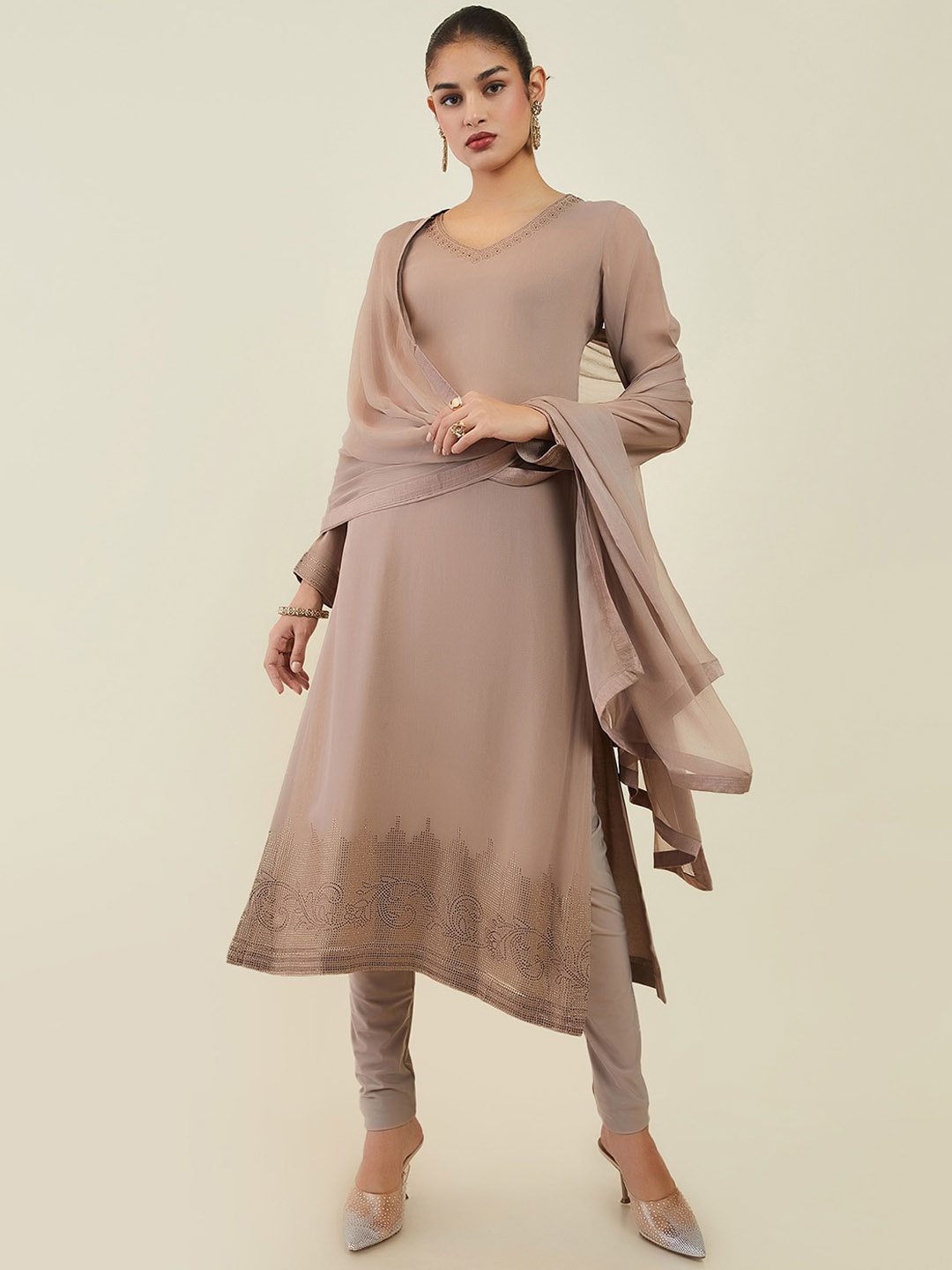 

Soch Women Sequined V-Neck Georgette Straight Kurta with Churidar & Dupatta, Brown
