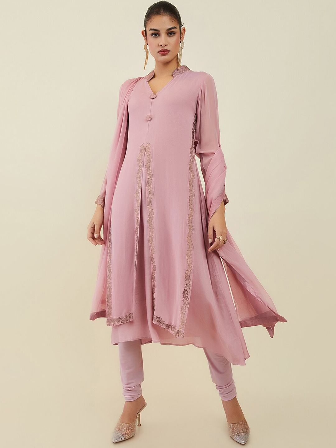 

Soch Women Ethnic Motifs Layered Beads and Stones Georgette Kurta with Churidar & Dupatta, Pink