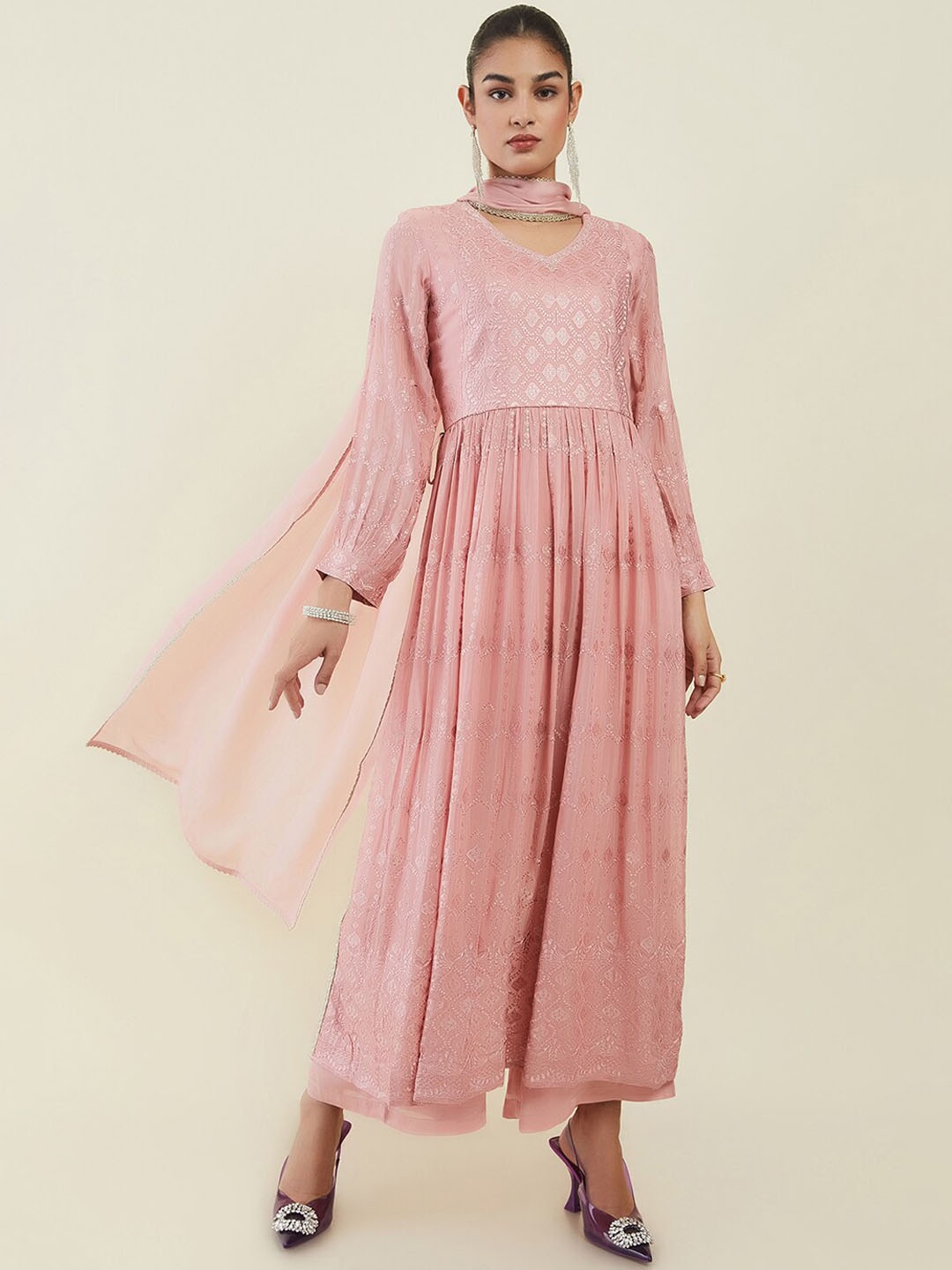 

Soch Women Floral Embroidered Sequinned Kurta with Palazzos & Dupatta, Pink