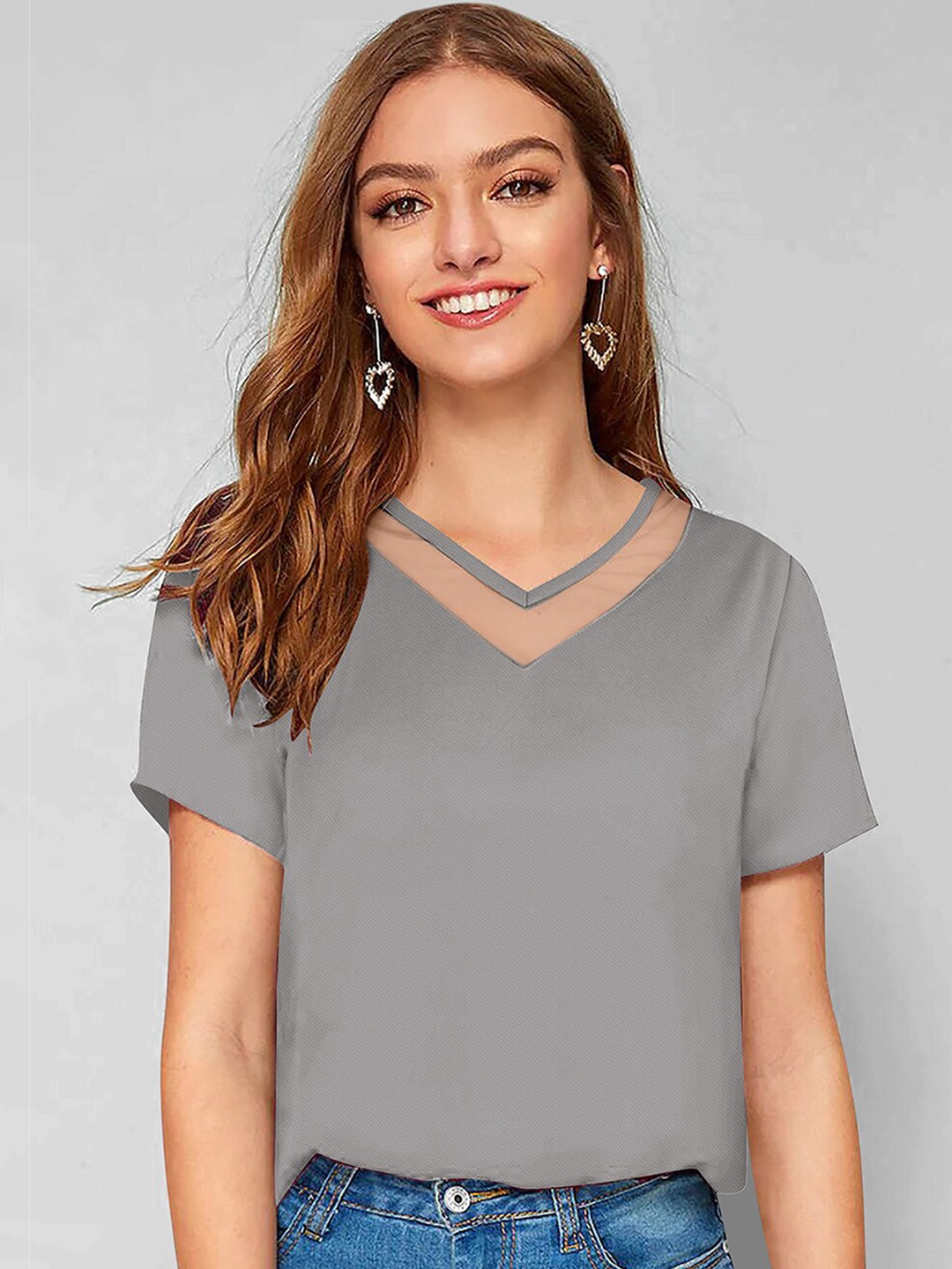 

Hinayat Fashion Women V-Neck T-Shirt, Grey