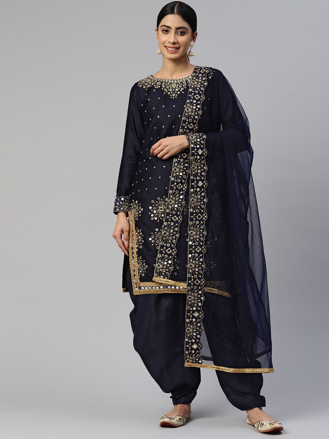 

Readiprint Fashions Embroidered Pure Cotton Semi-Stitched Dress Material, Navy blue