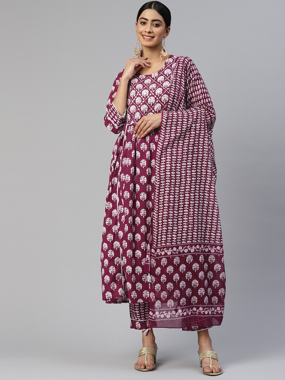 

Readiprint Fashions Printed Mirror Work Pure Cotton Kurta With Trousers & With Dupatta, Burgundy
