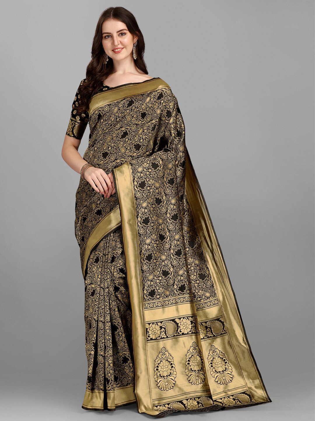 

Fashionuma Ethnic Motifs Woven design Zari Saree, Black