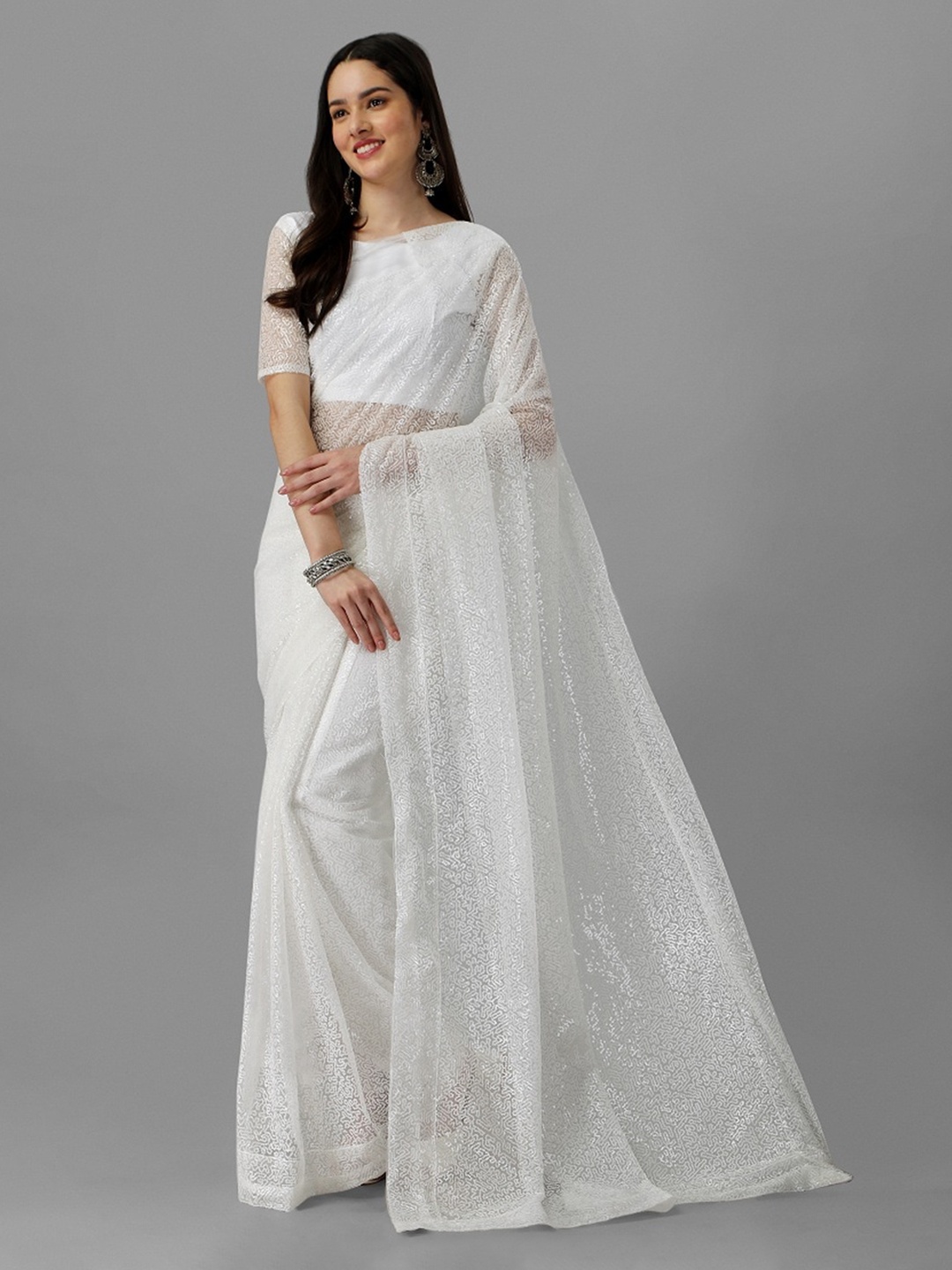 

Fashionuma Embellished Sequinned Net Saree, White