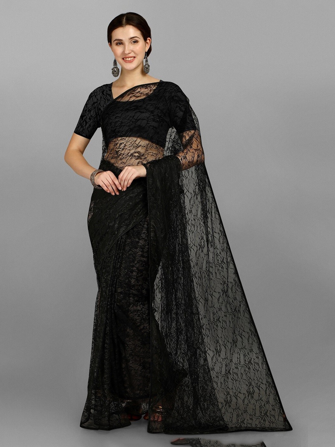 

Fashionuma Embroidered Net Saree, Black