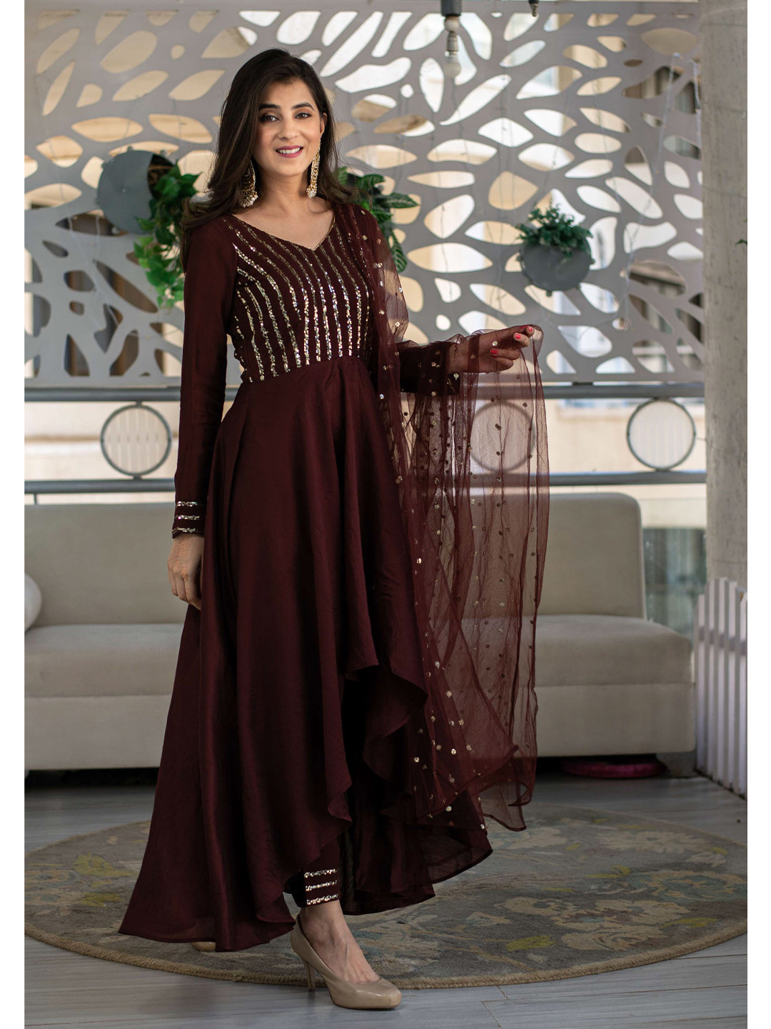 

Fashionuma Embroidered Semi-Stitched Dress Material, Brown