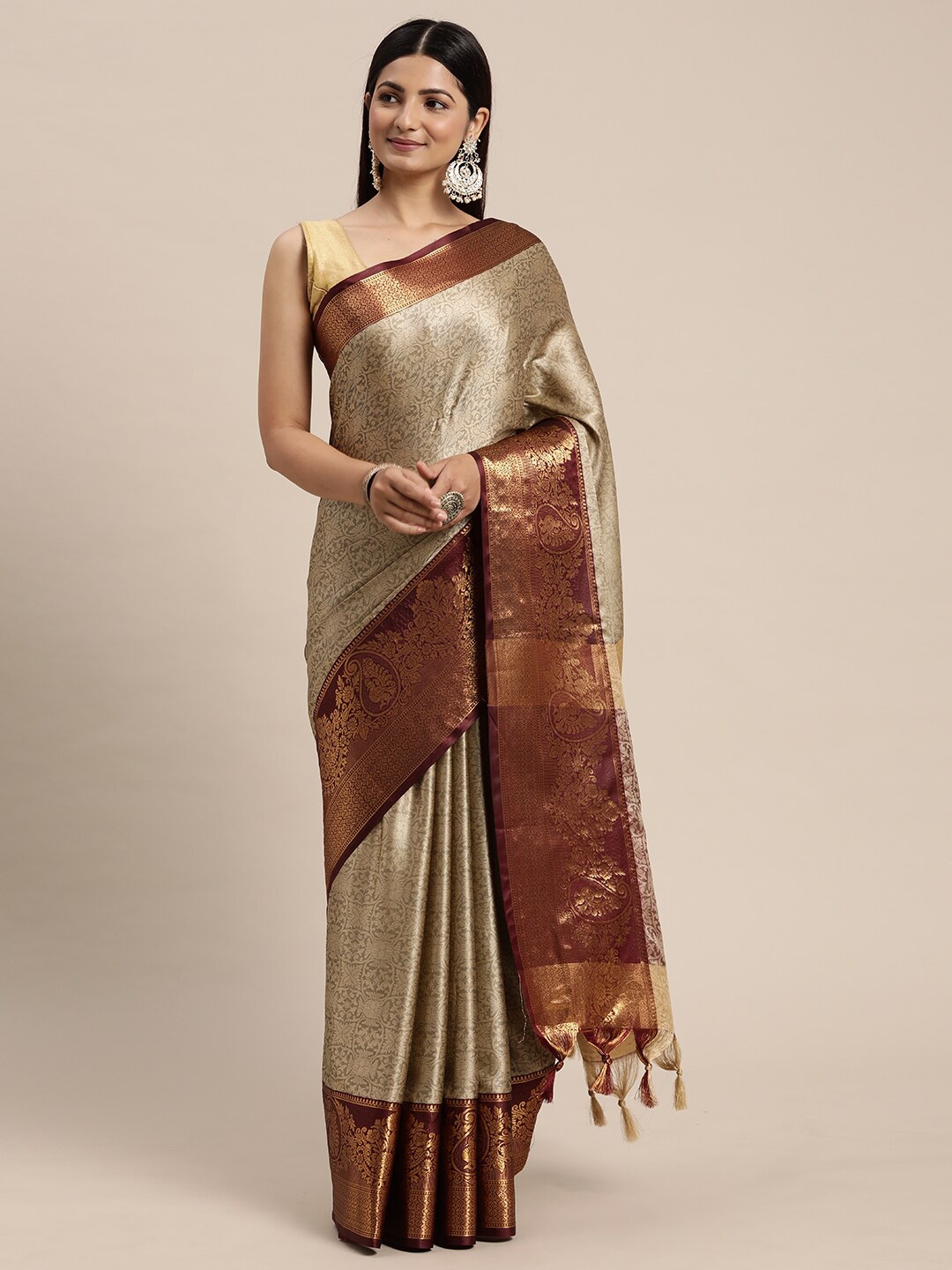 

ORUS Woven Design Zari Pure Silk Kanjeevaram Saree, Beige