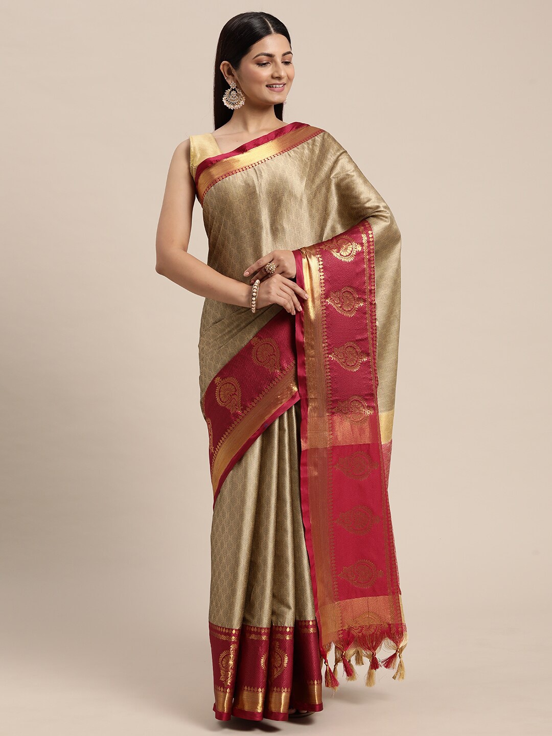 

ORUS Woven Design Zari Pure Silk Kanjeevaram Saree, Beige