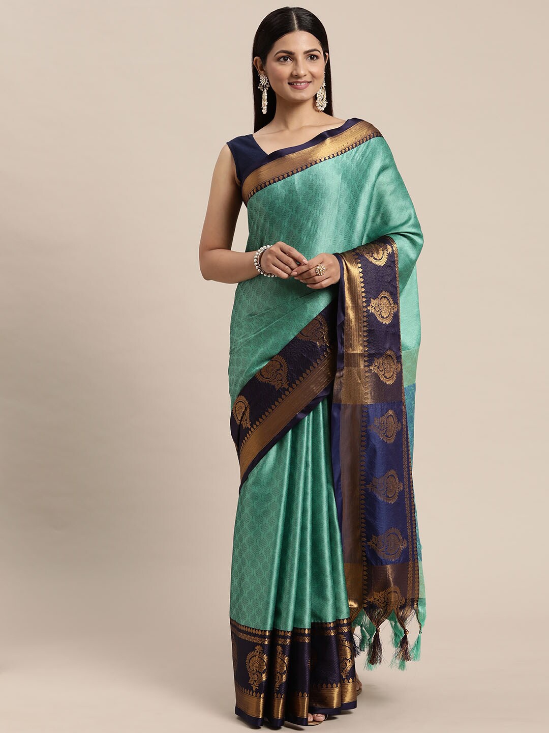 

ORUS Floral Motifs Woven Design Pure Silk Kanjeevaram Saree, Green