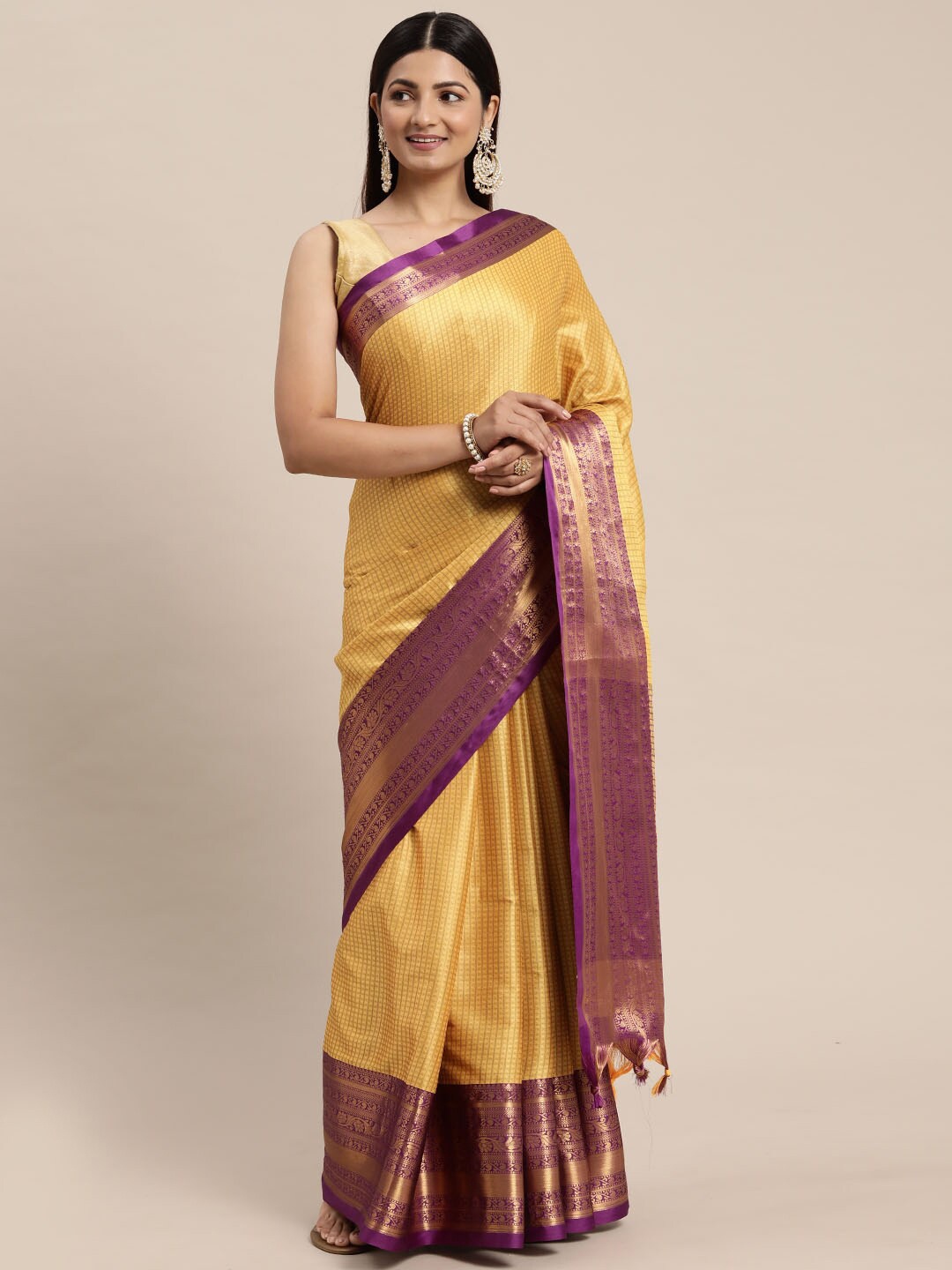 

ORUS Checked Woven Design Zari Pure Silk Kanjeevaram Saree, Mustard