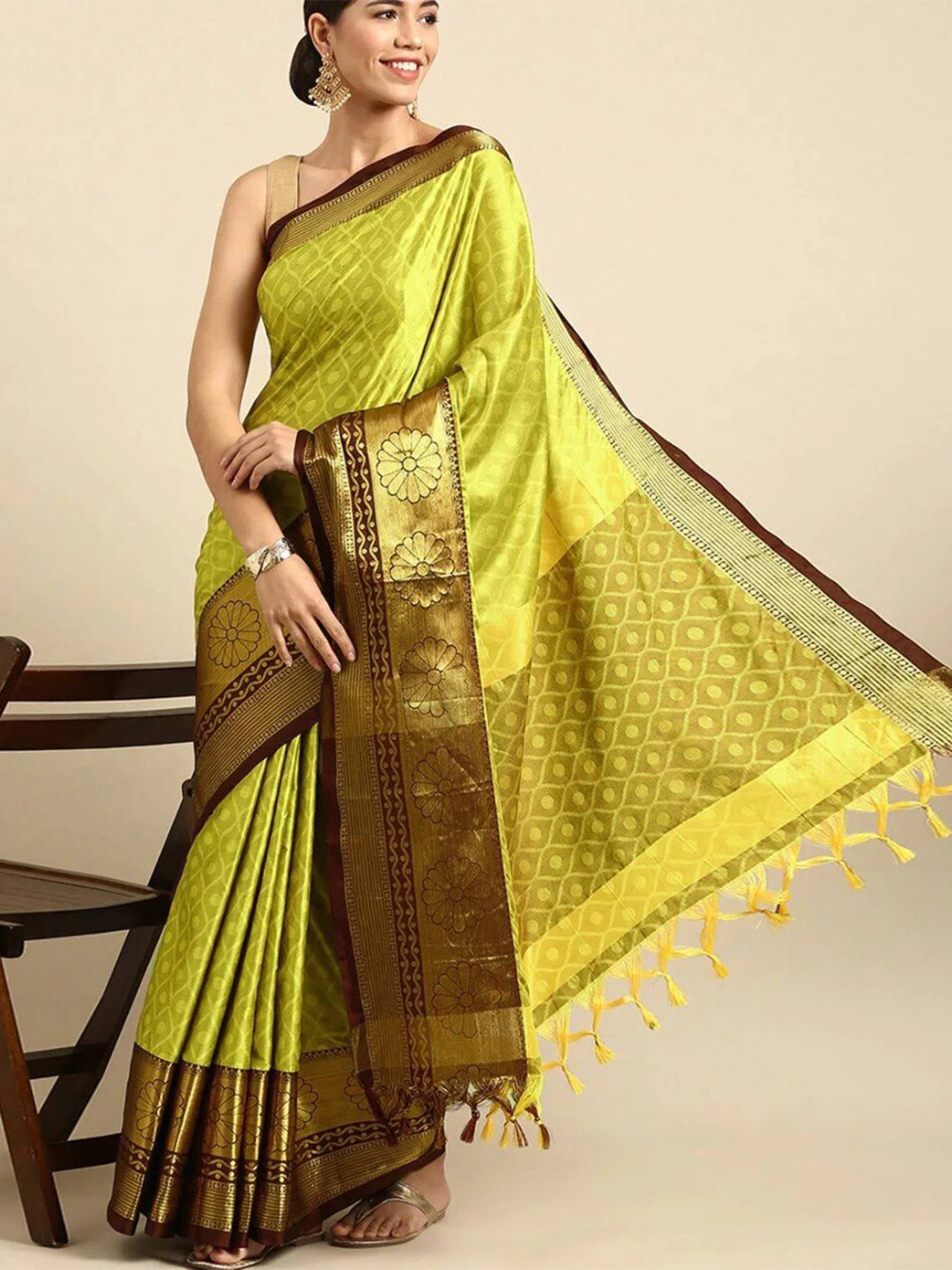 

ORUS Ethnic Motif Zari Pure Silk Kanjeevaram Saree, Mustard