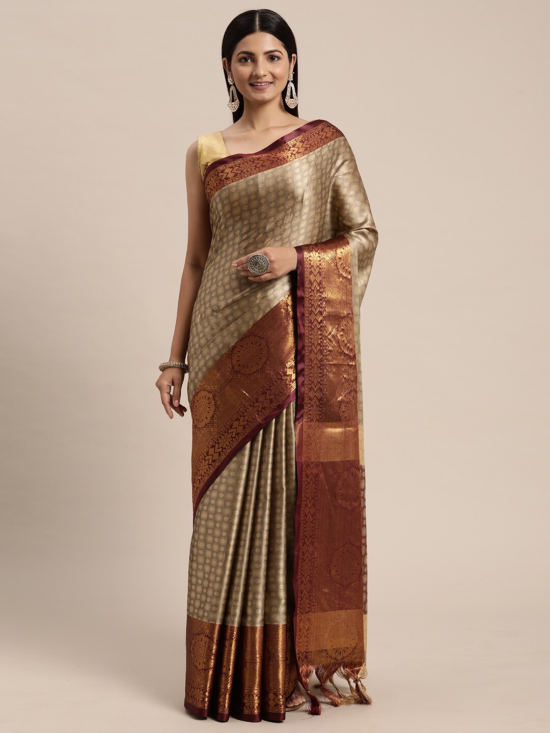 

ORUS Ethinic Motif Zari Pure Silk Kanjeevaram Saree, Beige