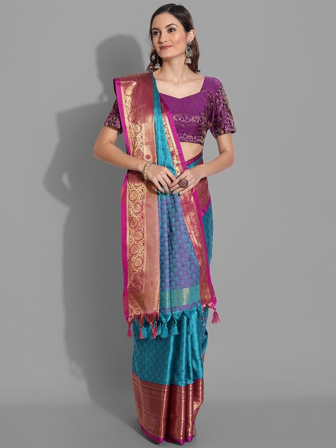 

ORUS Floral Woven Design Zari Pure Silk Banarasi Saree, Blue