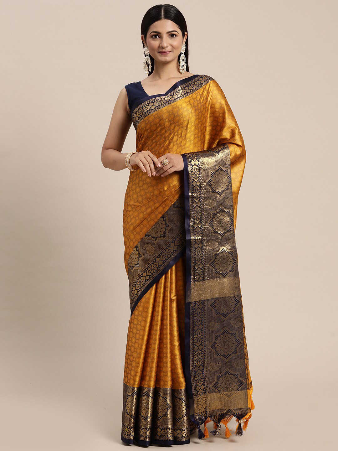 

ORUS Floral Woven Design Zari Pure Silk Kanjeevaram Saree, Mustard