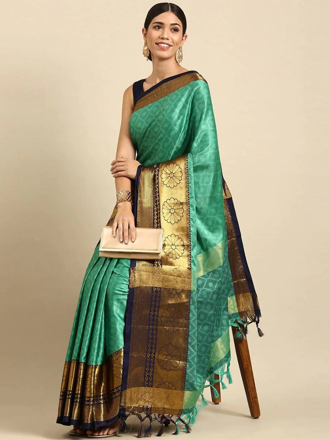 

ORUS Ethnic Motifs Woven Design Zari Pure Silk Kanjeevaram Saree, Green
