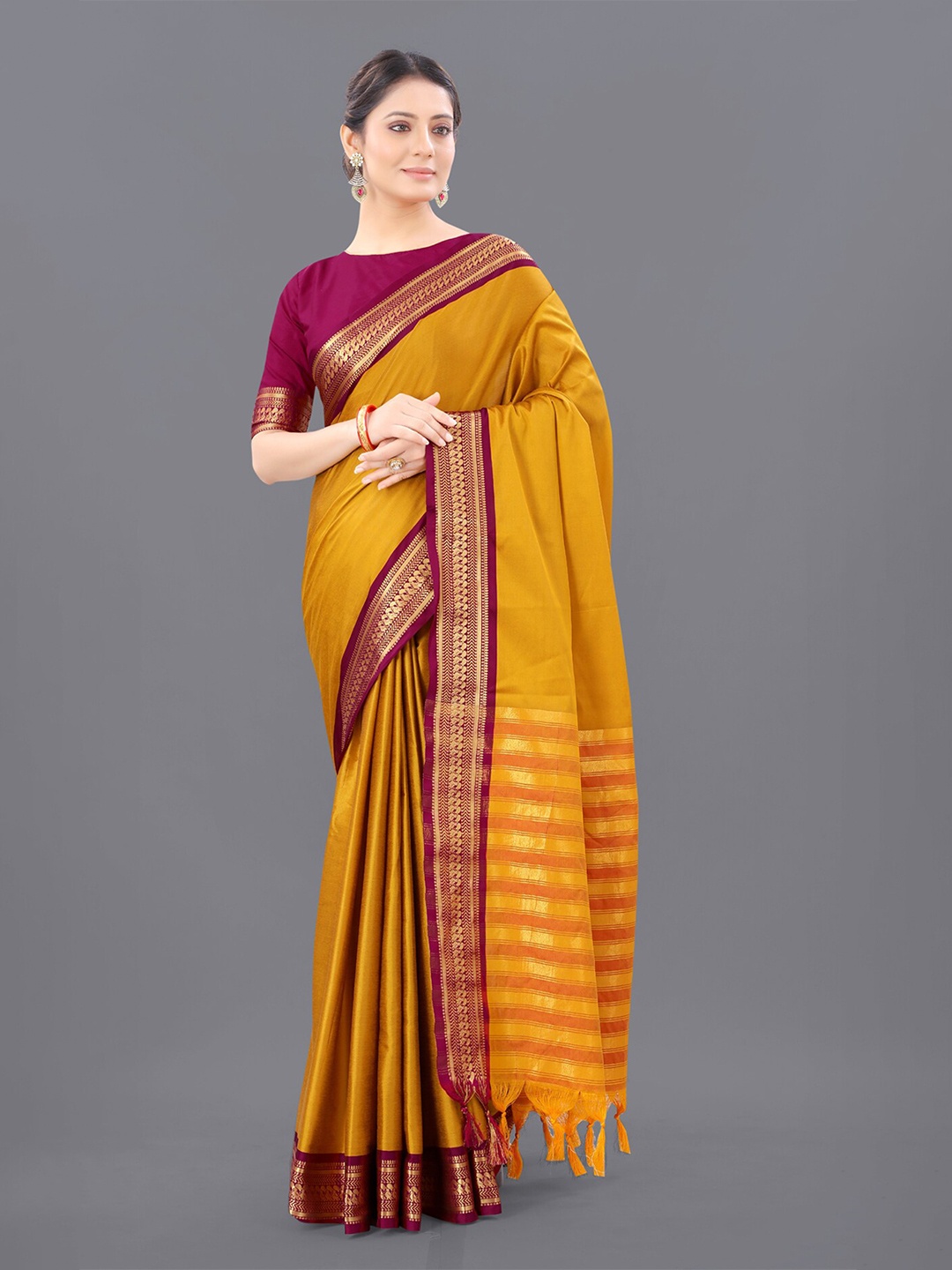 

ORUS Zari Pure Silk Kanjeevaram Saree, Mustard