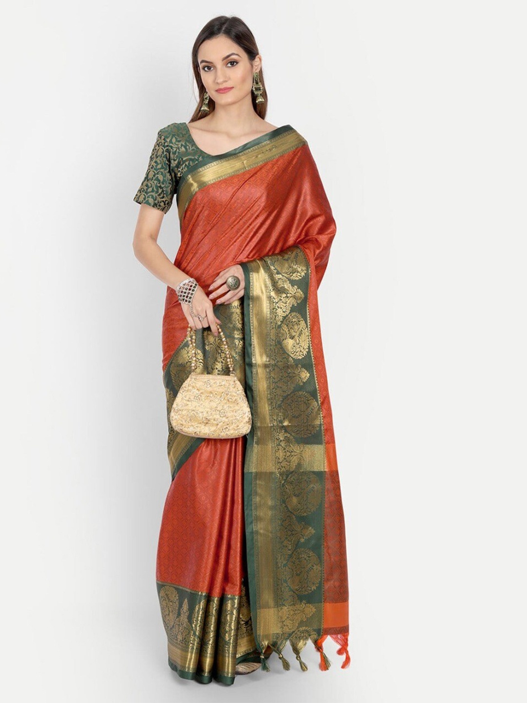 

ORUS Ethnic Motifs Woven Design Zari Pure Silk Kanjeevaram Saree, Orange