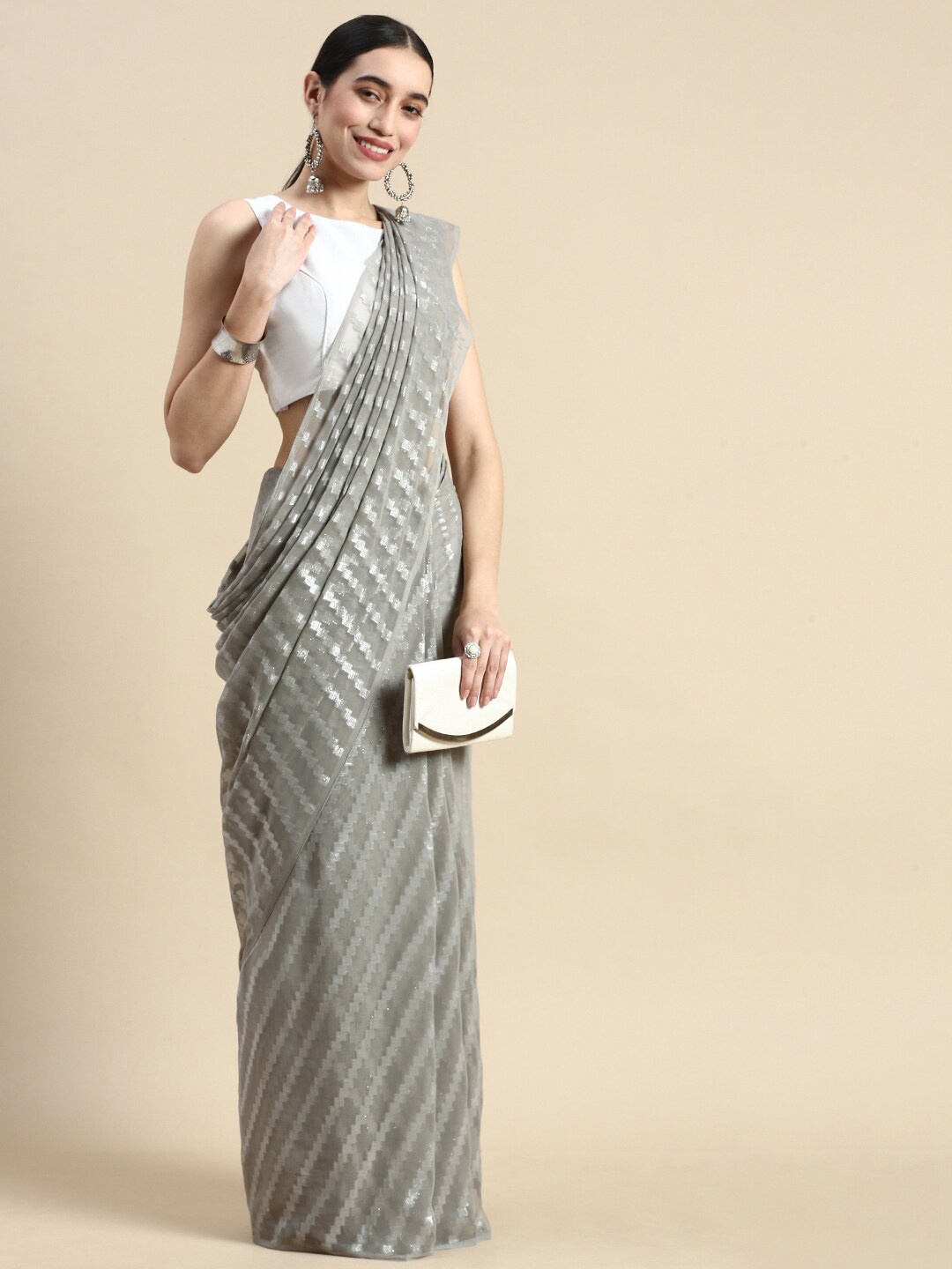 

ORUS Striped Embellished Saree, Grey