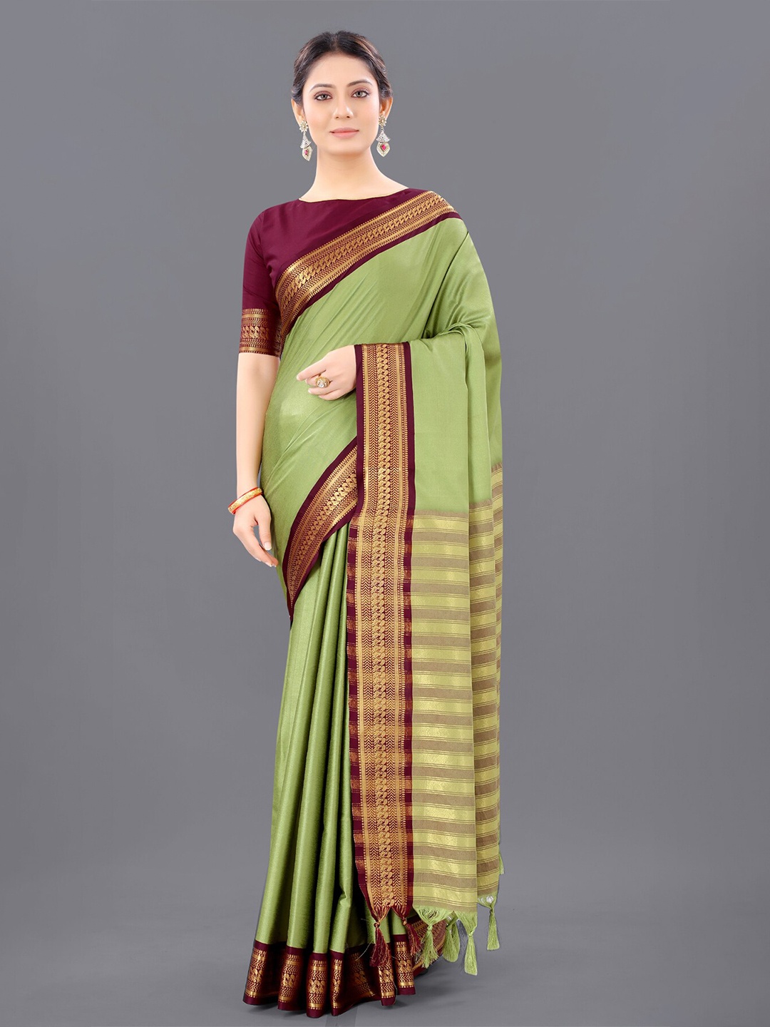 

ORUS Zari Pure Silk Kanjeevaram Saree, Green