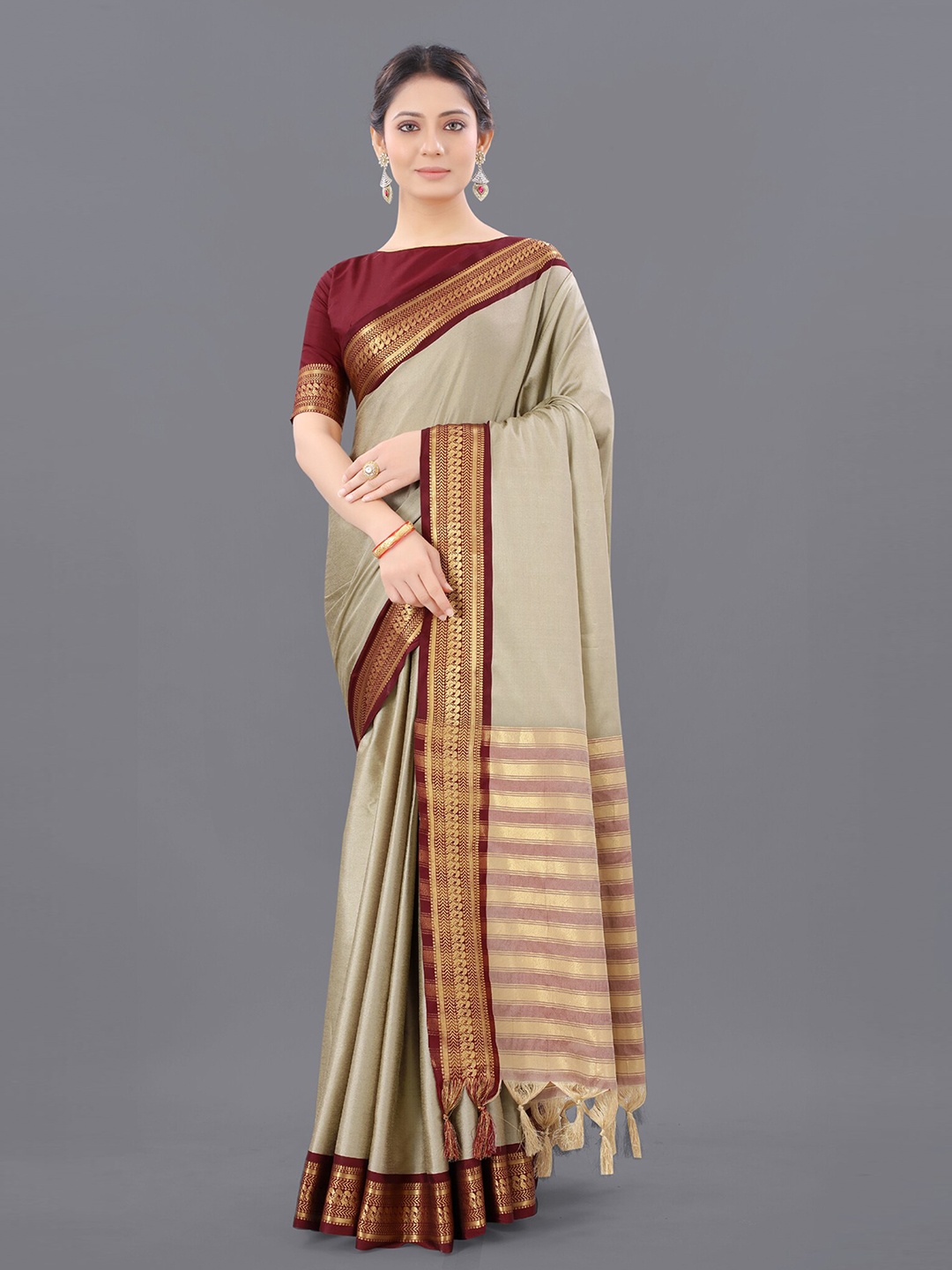 

ORUS Zari Pure Silk Kanjeevaram Saree, Beige