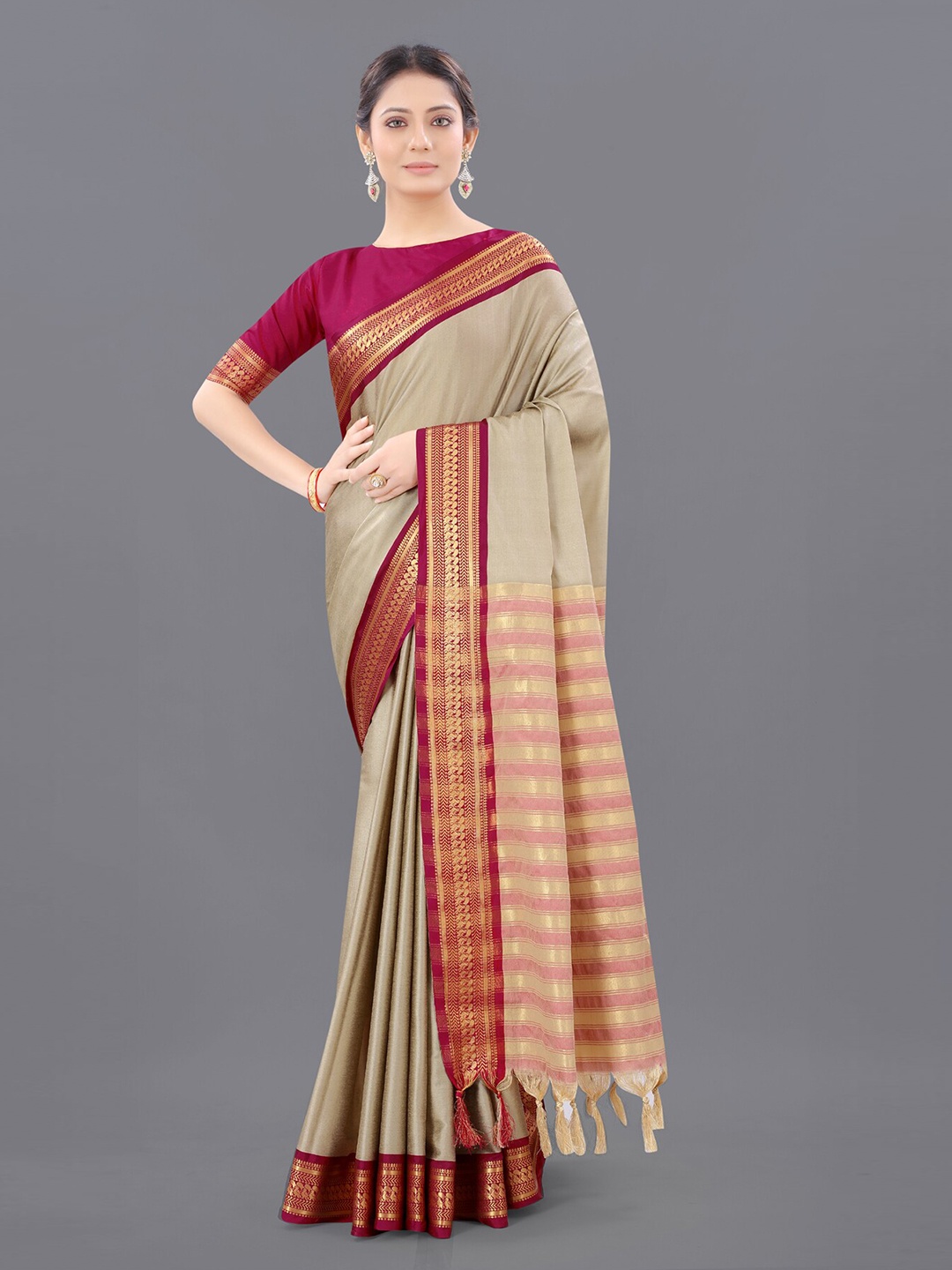 

ORUS Zari Pure Silk Kanjeevaram Saree, Beige