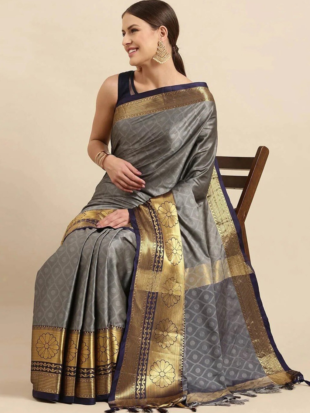 

ORUS Woven Design Zari Pure Silk Kanjeevaram Saree, Grey