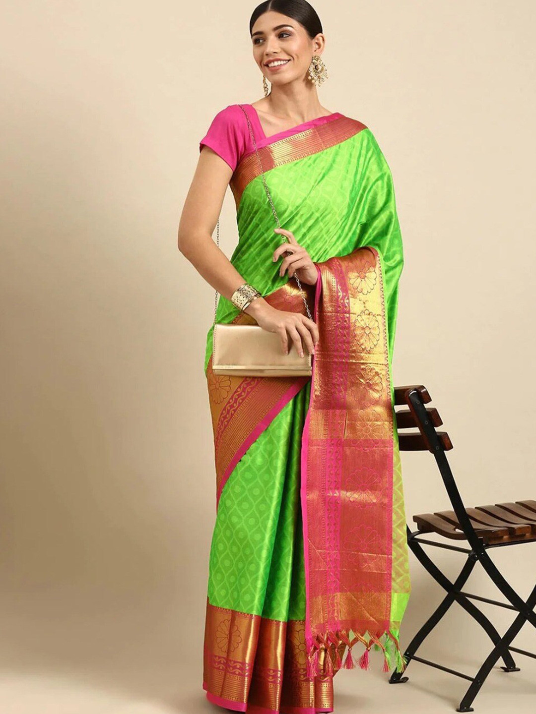 

ORUS Woven Design Zari Pure Silk Kanjeevaram Saree, Green