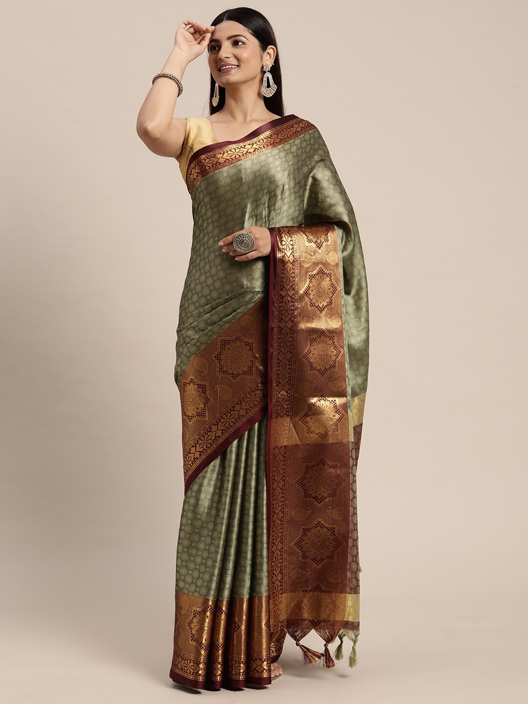 

ORUS Woven Design Zari Pure Silk Kanjeevaram Saree, Grey