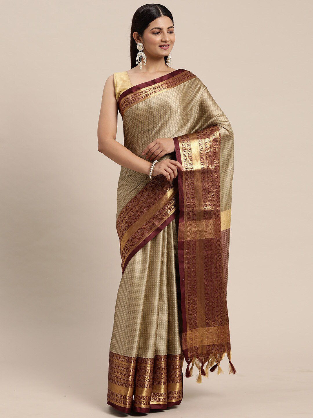 

ORUS Woven Design Zari Pure Silk Kanjeevaram Saree, Beige