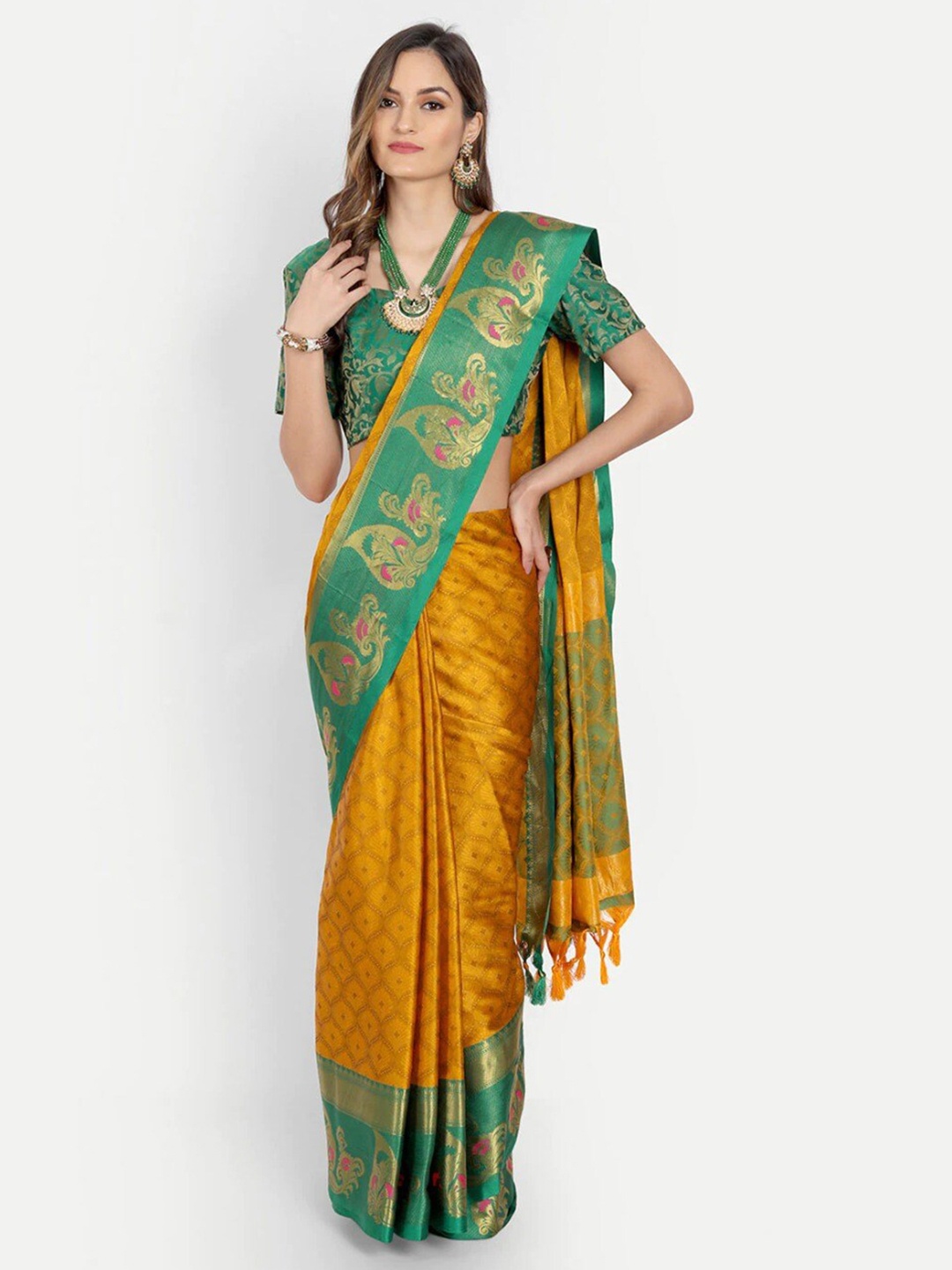 

ORUS Ethnic Motifs Woven Design Zari Pure Silk Banarasi Saree, Mustard
