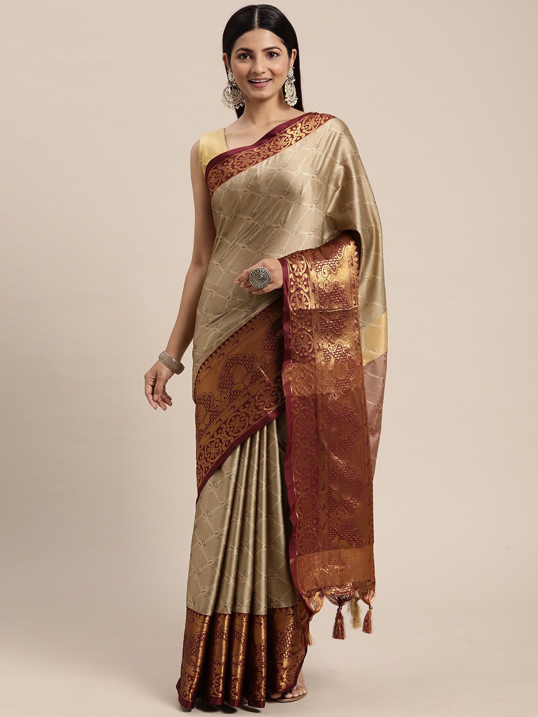

ORUS Woven Design Zari Pure Silk Kanjeevaram Saree, Beige