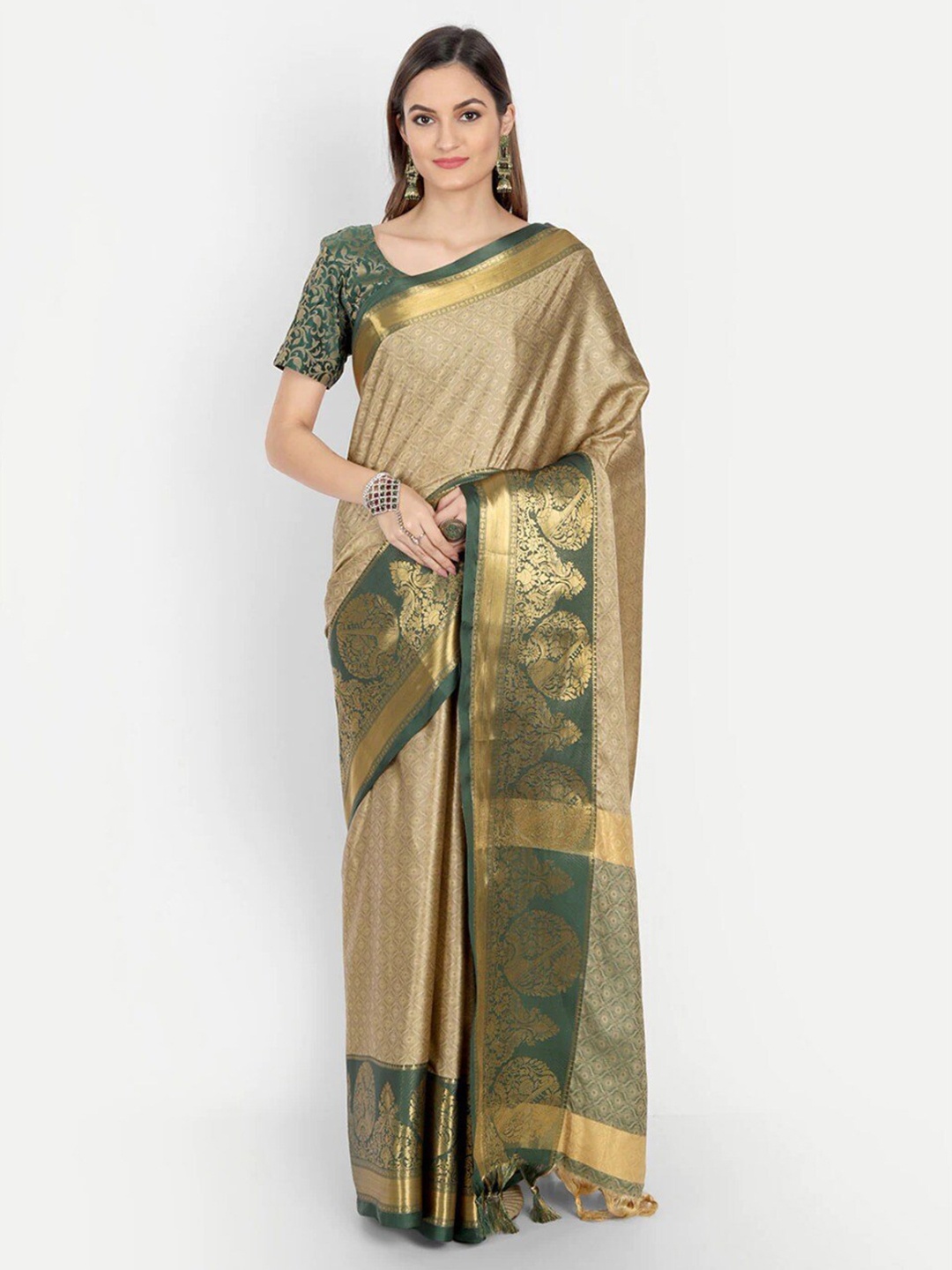 

ORUS Ethnic Motifs Woven Design Zari Jacquard Pure Silk Kanjeevaram Saree, Beige