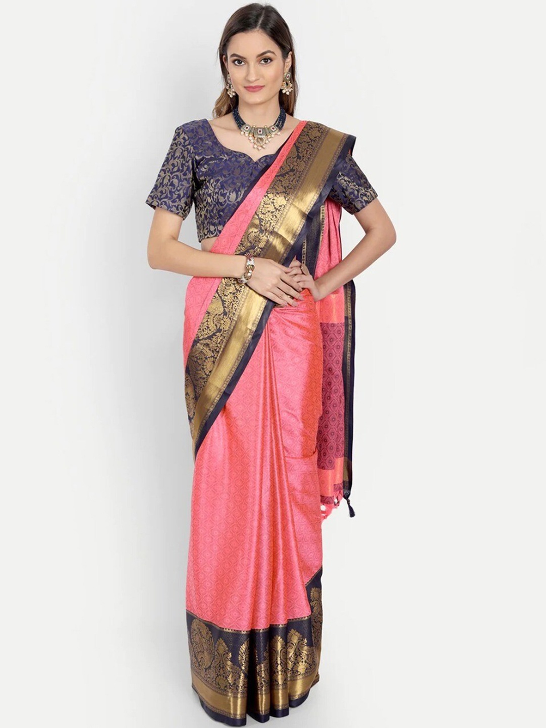 

ORUS Woven Design Ethnic Motifs Pure Silk Kanjeevaram Saree, Pink