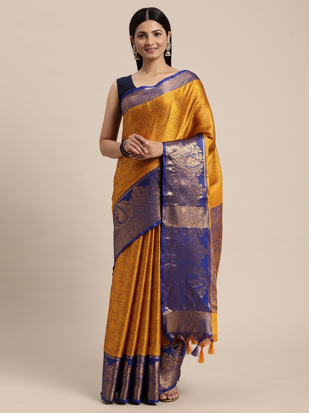 

ORUS Floral Woven Design Zari Jacquard Pure Silk Kanjeevaram Saree, Mustard