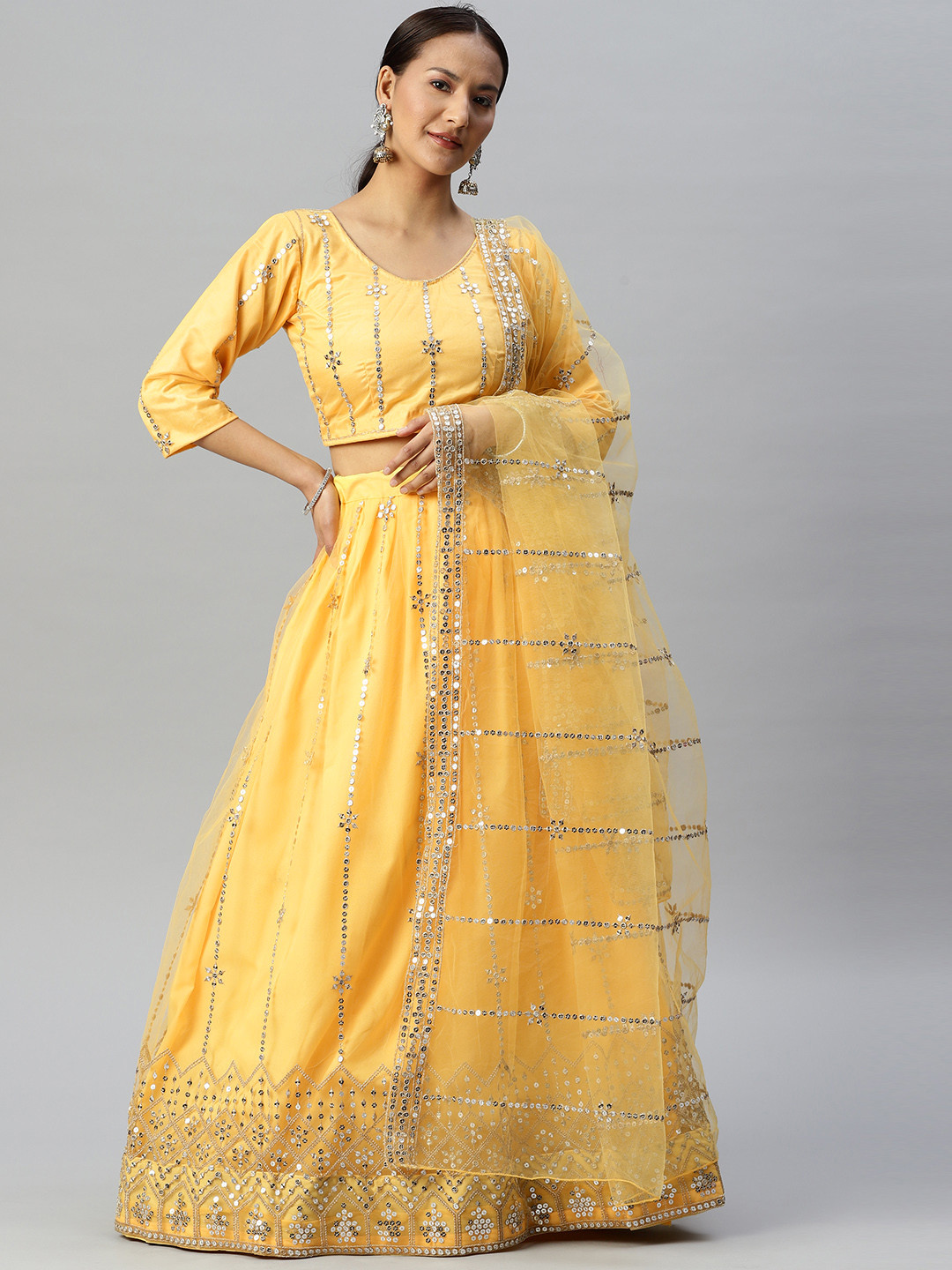 

Readiprint Fashions Embroidered Sequinned Unstitched Lehenga & Blouse With Dupatta, Yellow