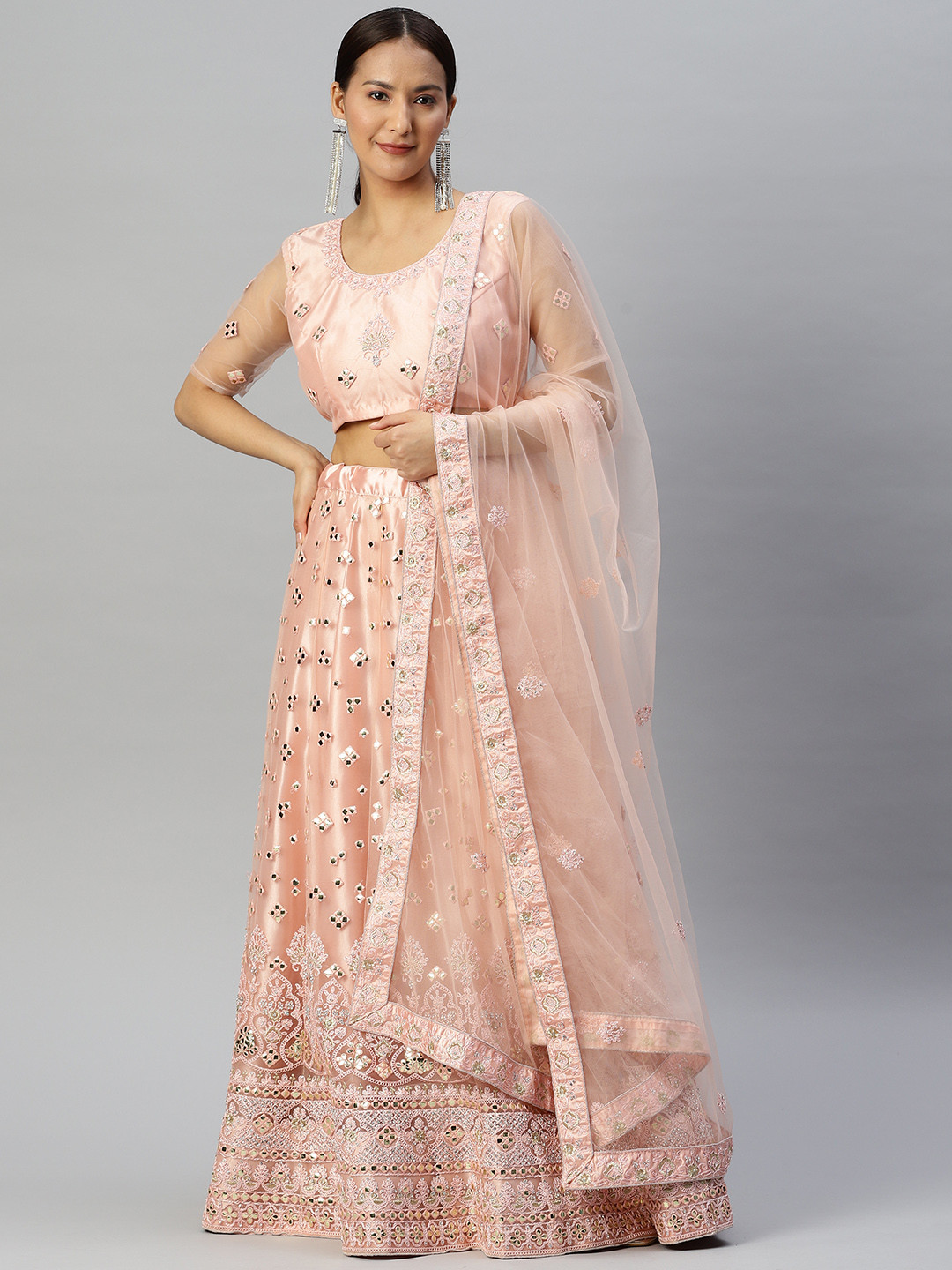 

Readiprint Fashions Embroidered Thread Work Unstitched Lehenga & Blouse With Dupatta, Peach