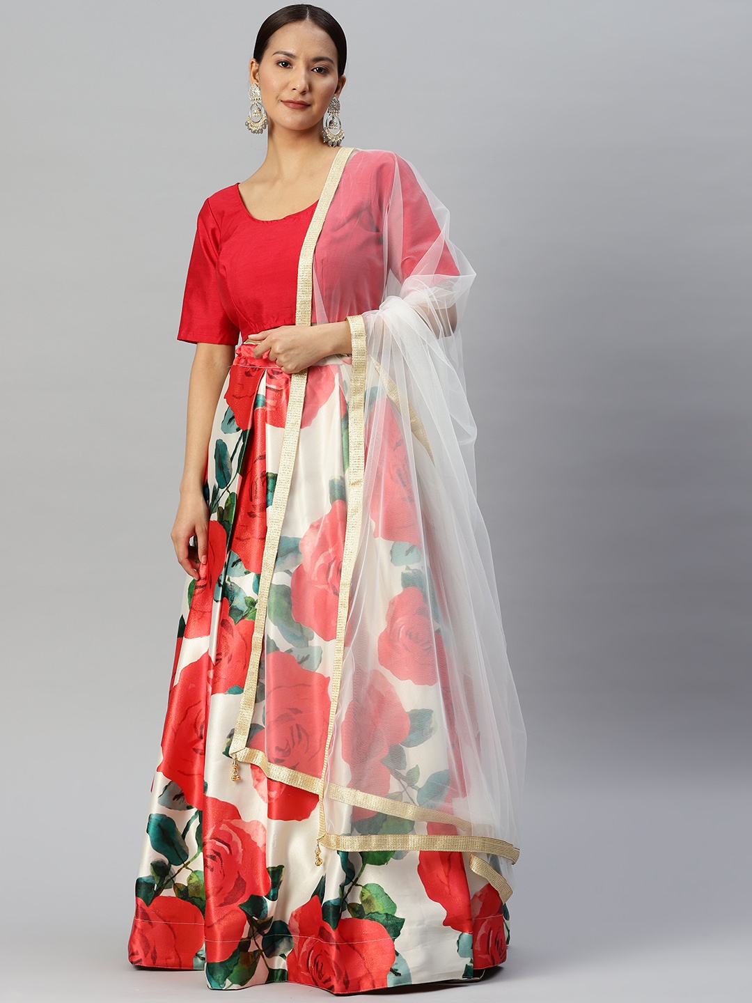 

Readiprint Fashions Unstitched Lehenga & Blouse With Dupatta, Red