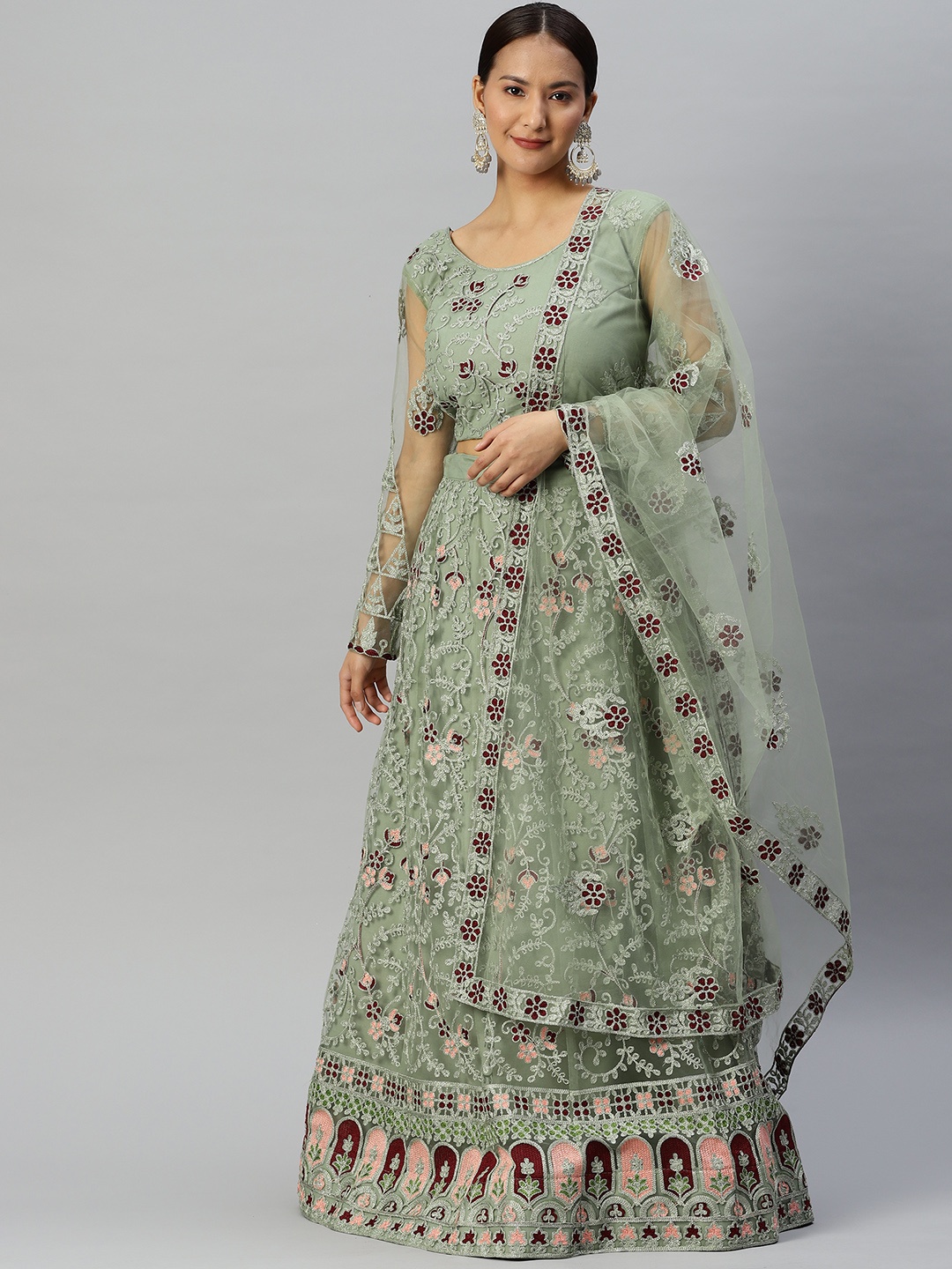 

Readiprint Fashions Embroidered Thread Work Unstitched Lehenga & Blouse With Dupatta, Green