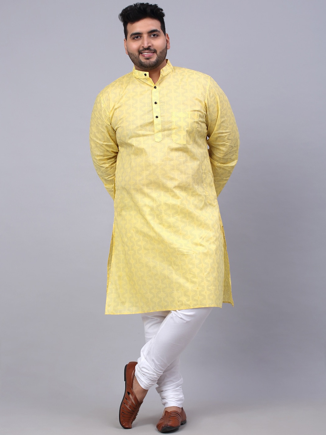 

KLOTTHE Men Plus Size Printed Cotton Straight Kurta, Yellow