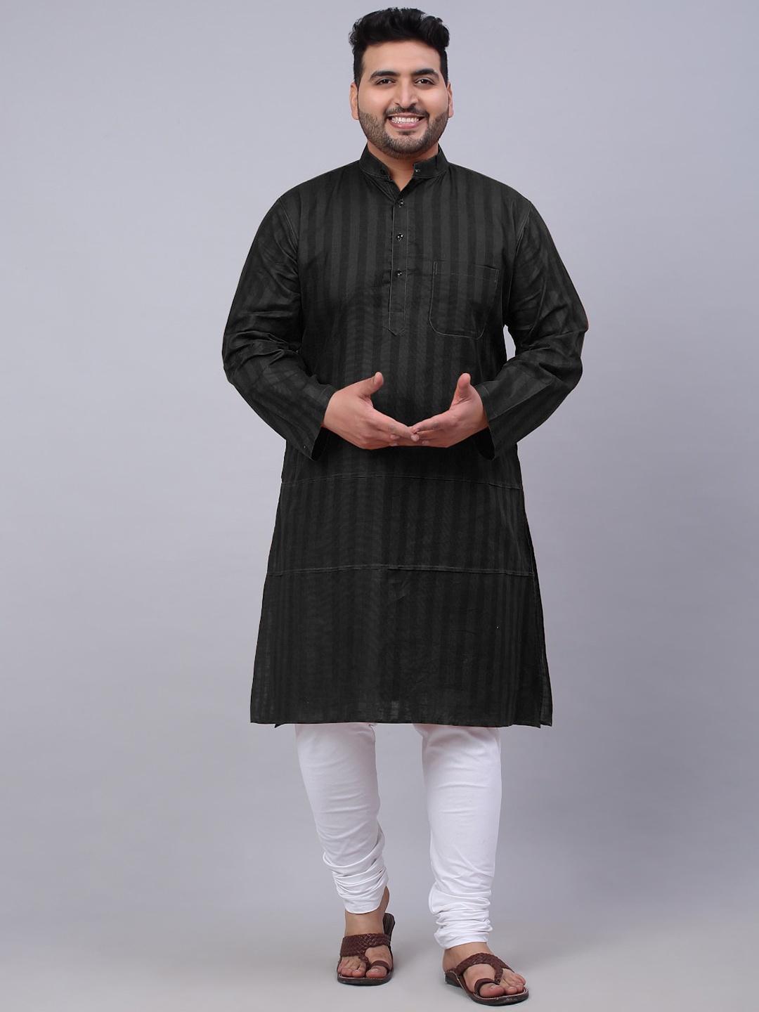 

KLOTTHE Men Plus Size Striped Long Sleeves Straight Kurta, Black